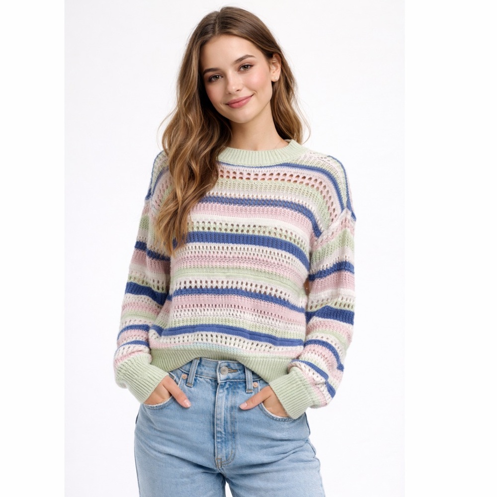 H&M Pastel‎ Striped Crochet Knit Sweater Girls 12/14 Spring Top